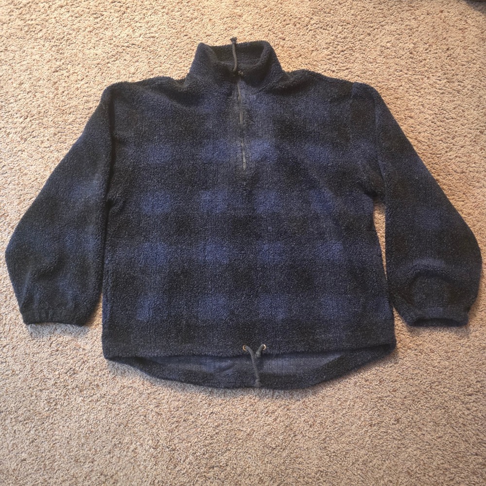 Unionbay Mens Sherpa Fleece Quarter Zip Pullover Navy Blue Plaid‎ Large USA Made